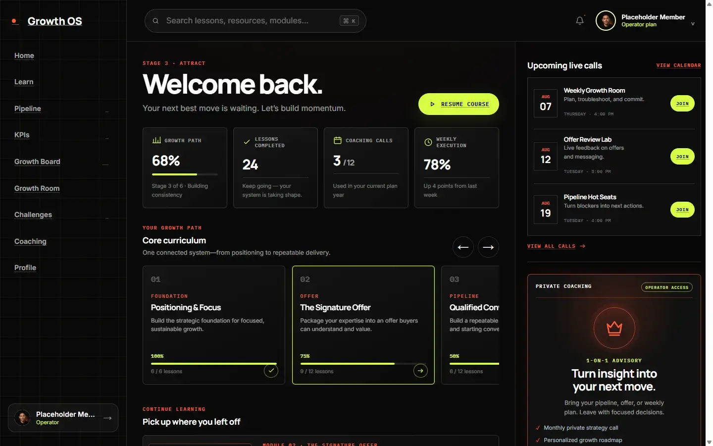 Growth OS — member dashboard