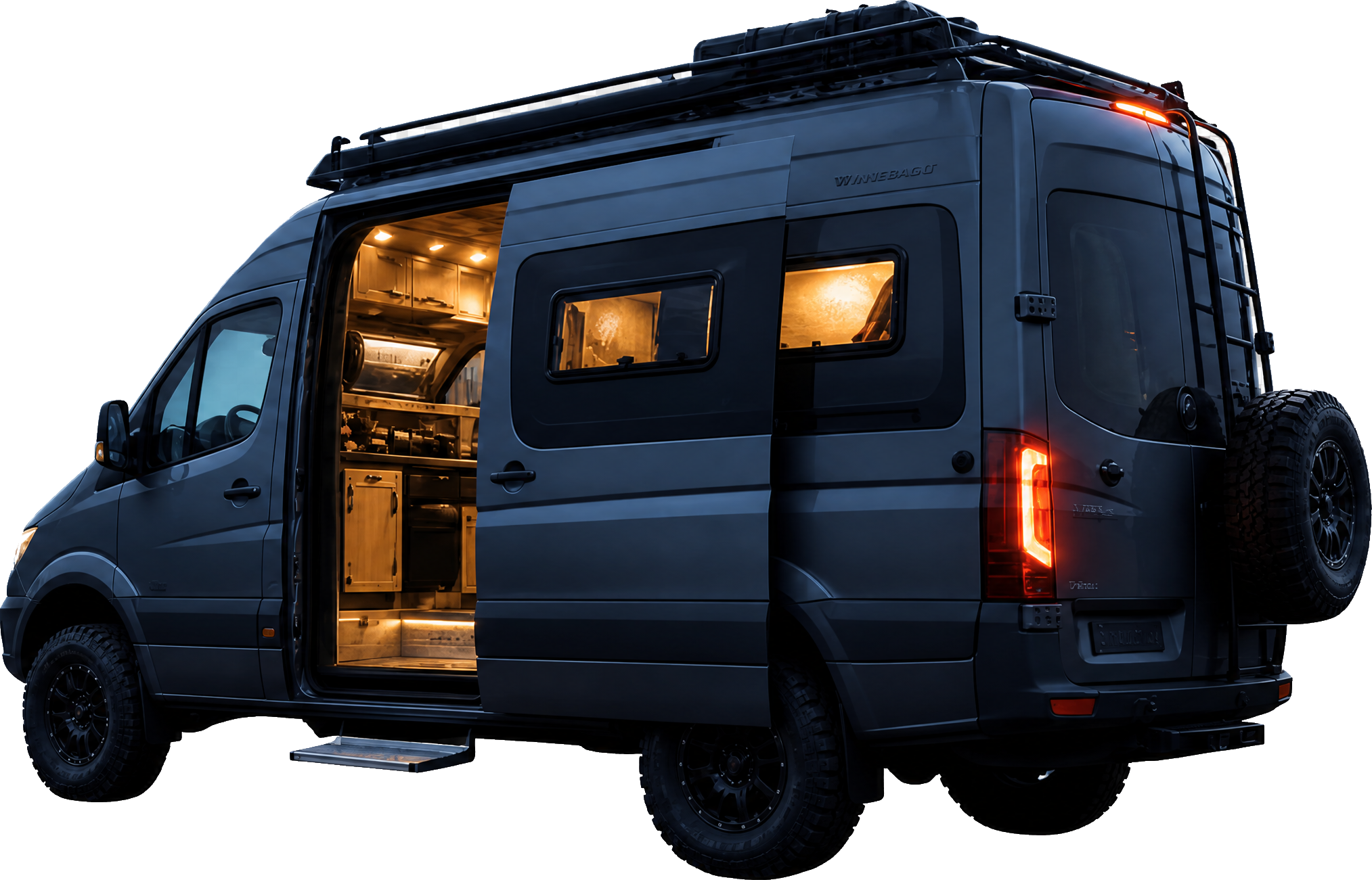 Adventure-ready camper van at a lakeside camp